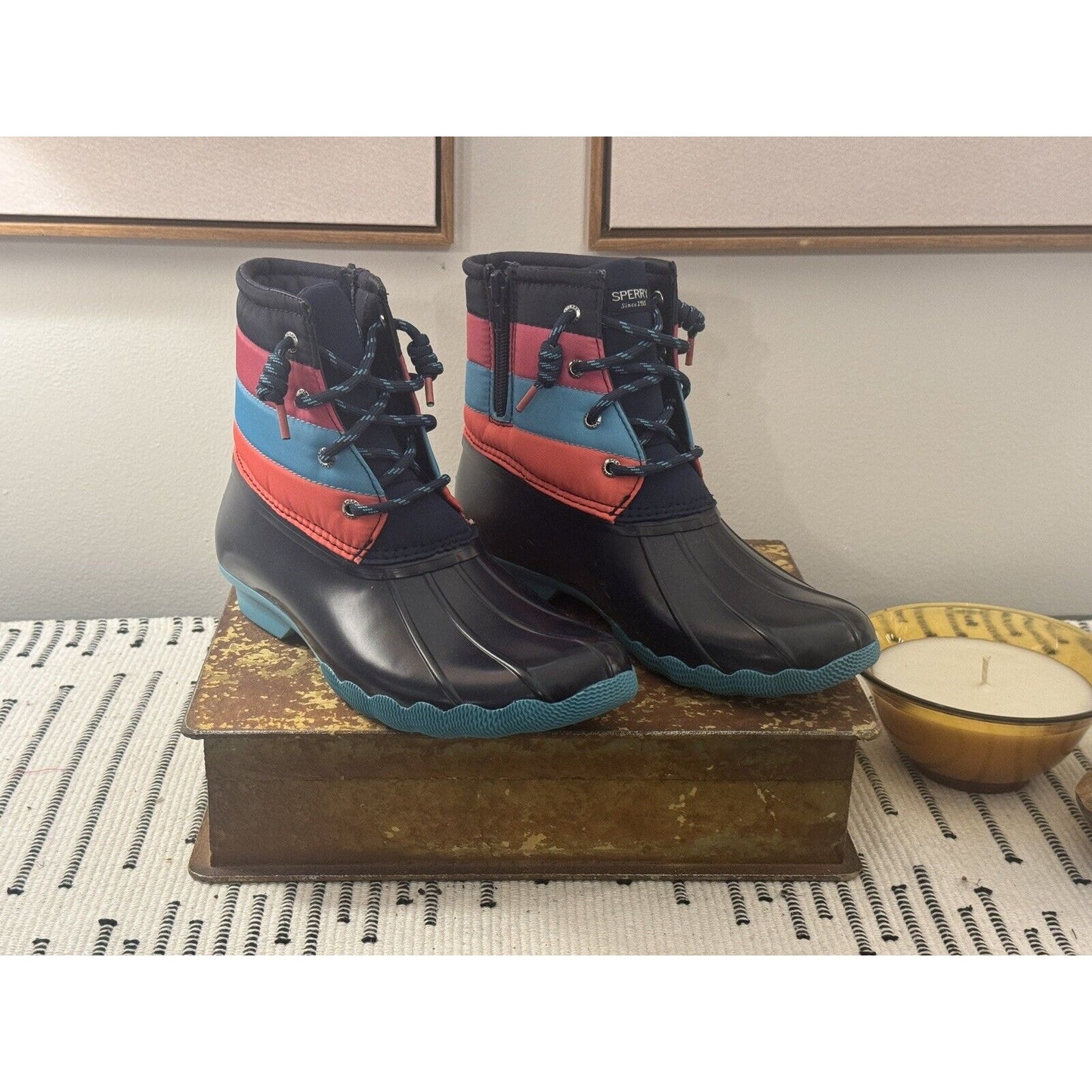 Sperry Saltwater Boot Ankle SZ 5m Pink Blue Coral Duck Waterproof New!