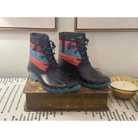 Sperry Saltwater Boot Ankle SZ 5m Pink Blue Coral Duck Waterproof New!