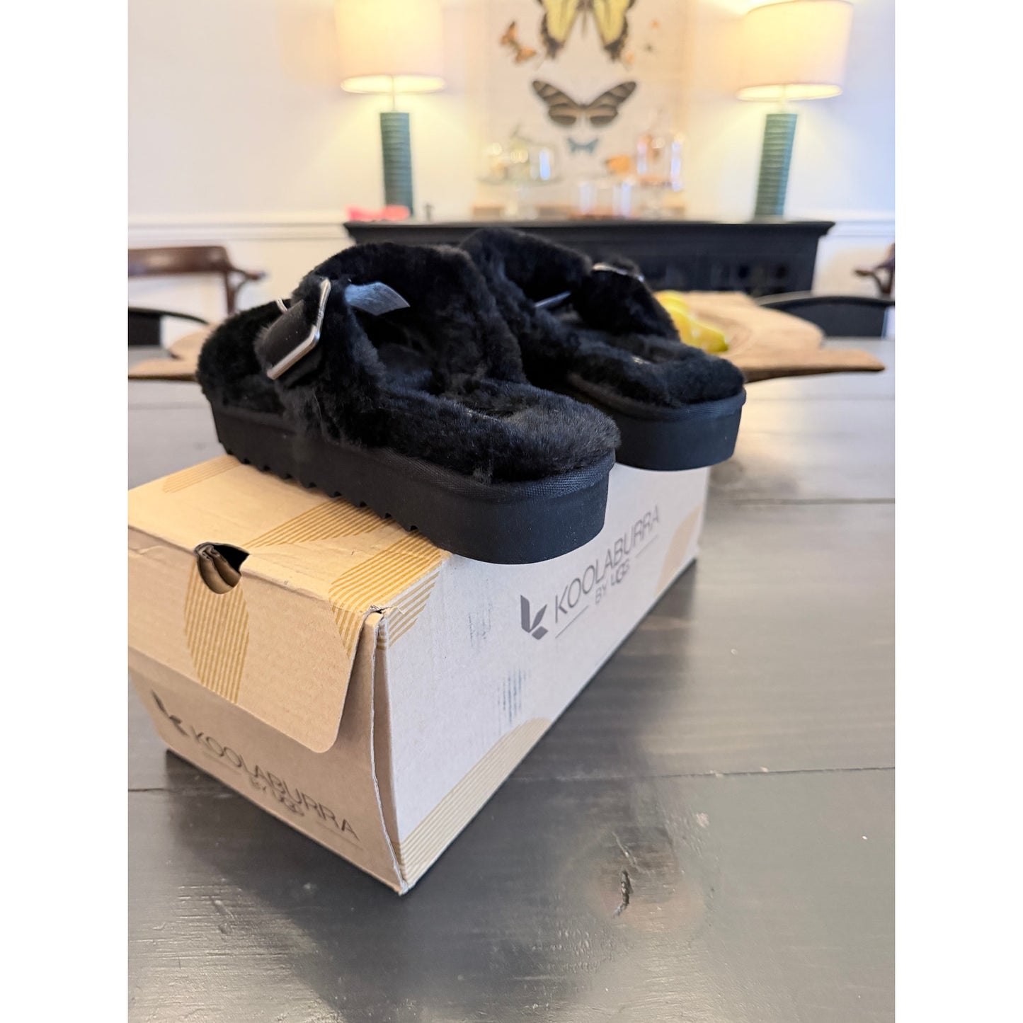 Koolaburra Milo Peep Women’s Size 5 Black Furry Slip On Sandals New!