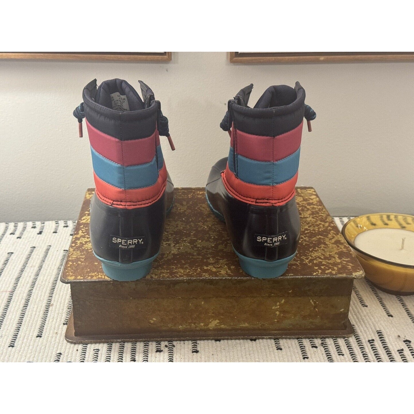 Sperry Saltwater Boot Ankle SZ 5m Pink Blue Coral Duck Waterproof New!