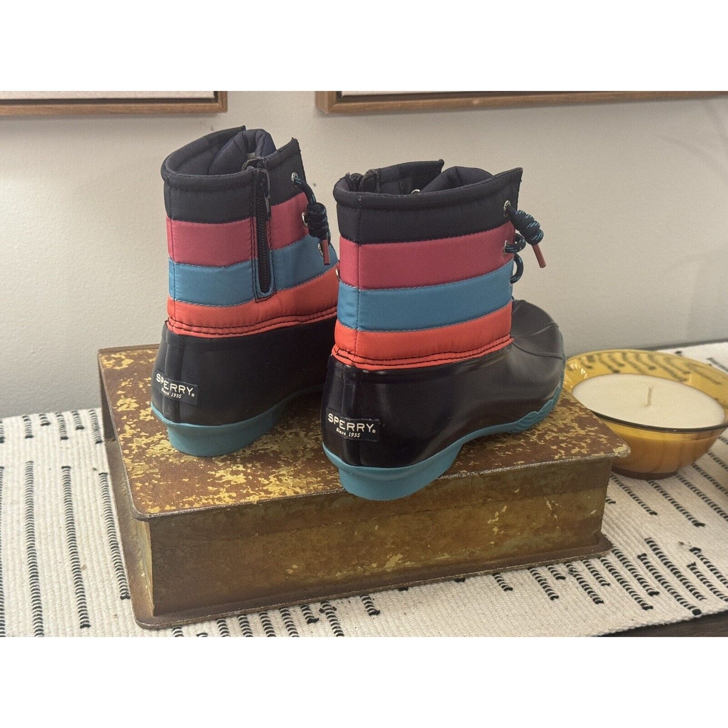 Sperry Saltwater Boot Ankle SZ 5m Pink Blue Coral Duck Waterproof New!