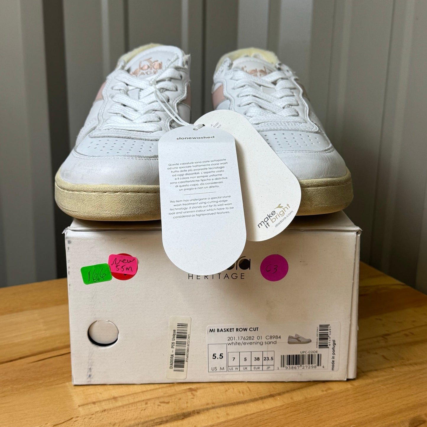 Diadora Heritage MI Basket Low White Pink Leather Sneakers Women's 7