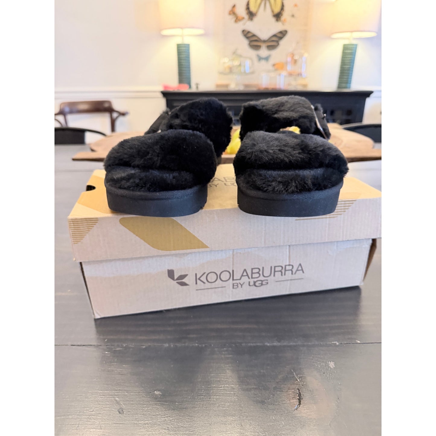 Koolaburra Milo Peep Women’s Size 5 Black Furry Slip On Sandals New!