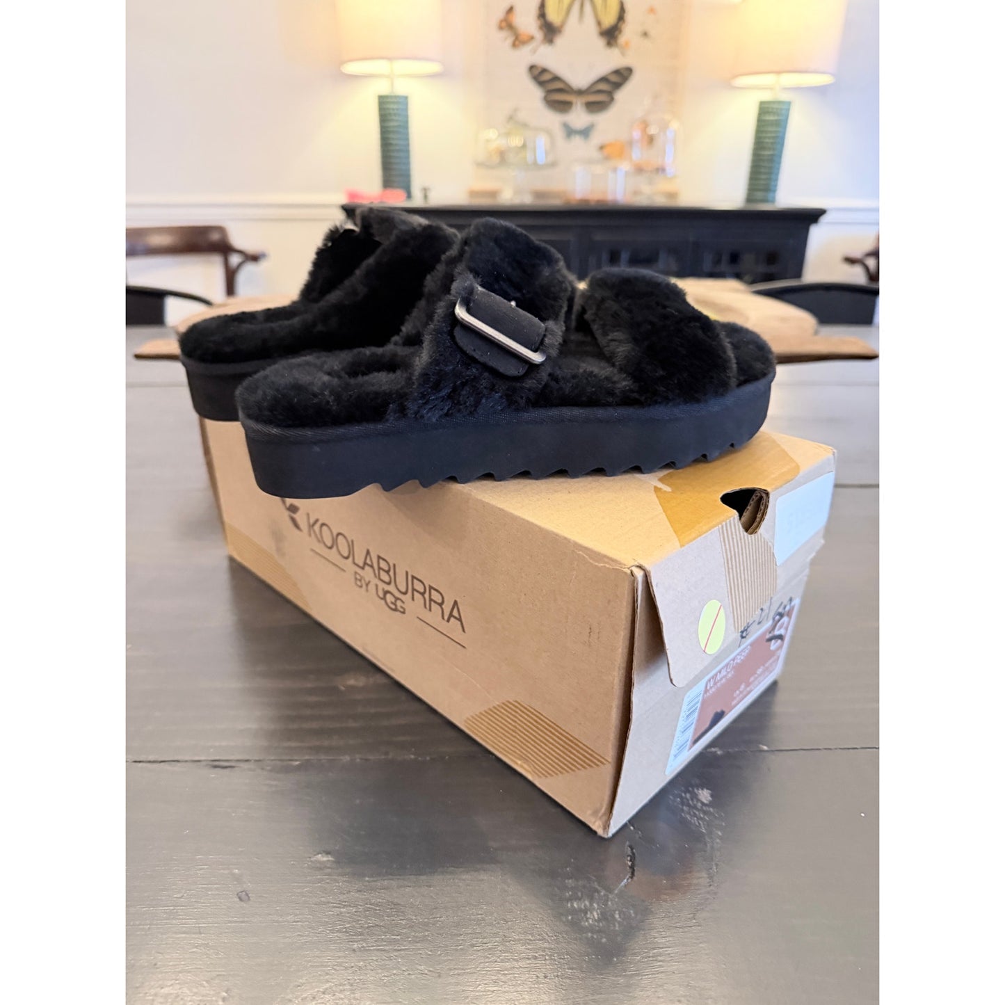 Koolaburra Milo Peep Women’s Size 5 Black Furry Slip On Sandals New!