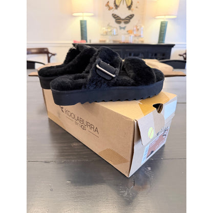 Koolaburra Milo Peep Women’s Size 5 Black Furry Slip On Sandals New!