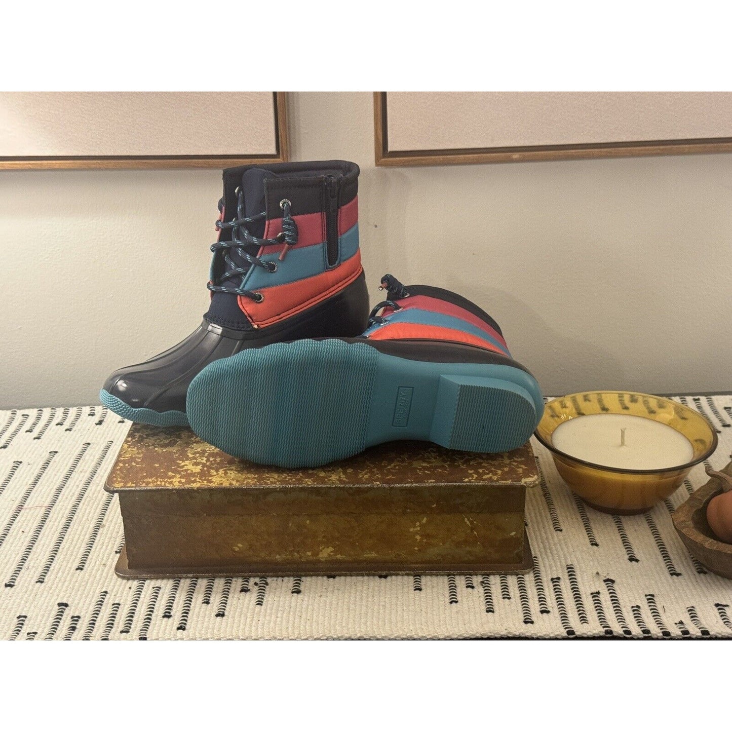 Sperry Saltwater Boot Ankle SZ 5m Pink Blue Coral Duck Waterproof New!