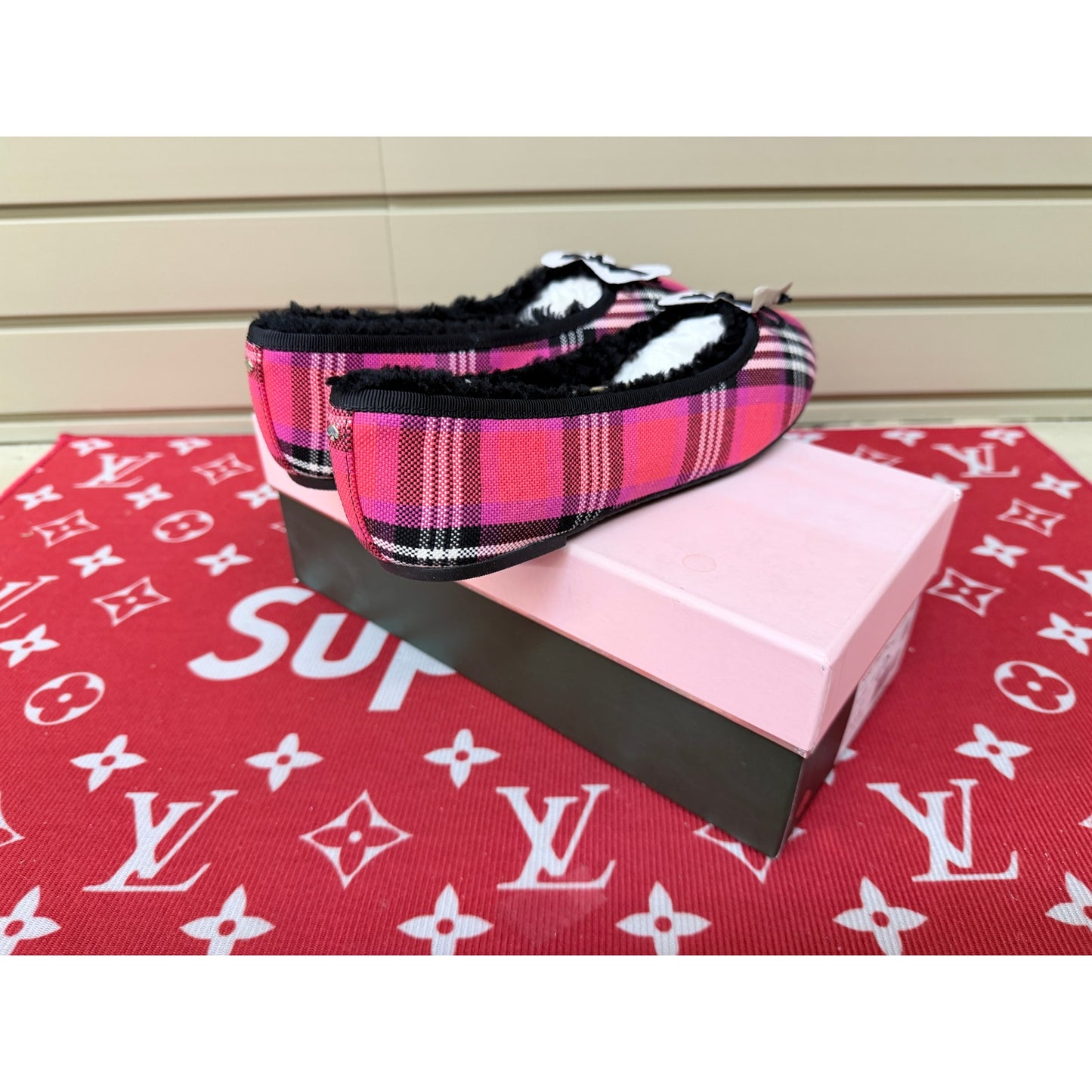 Kate Spade Honey Shearling Ballet Flats Pink Plaid Women’s Size 7.5 New!