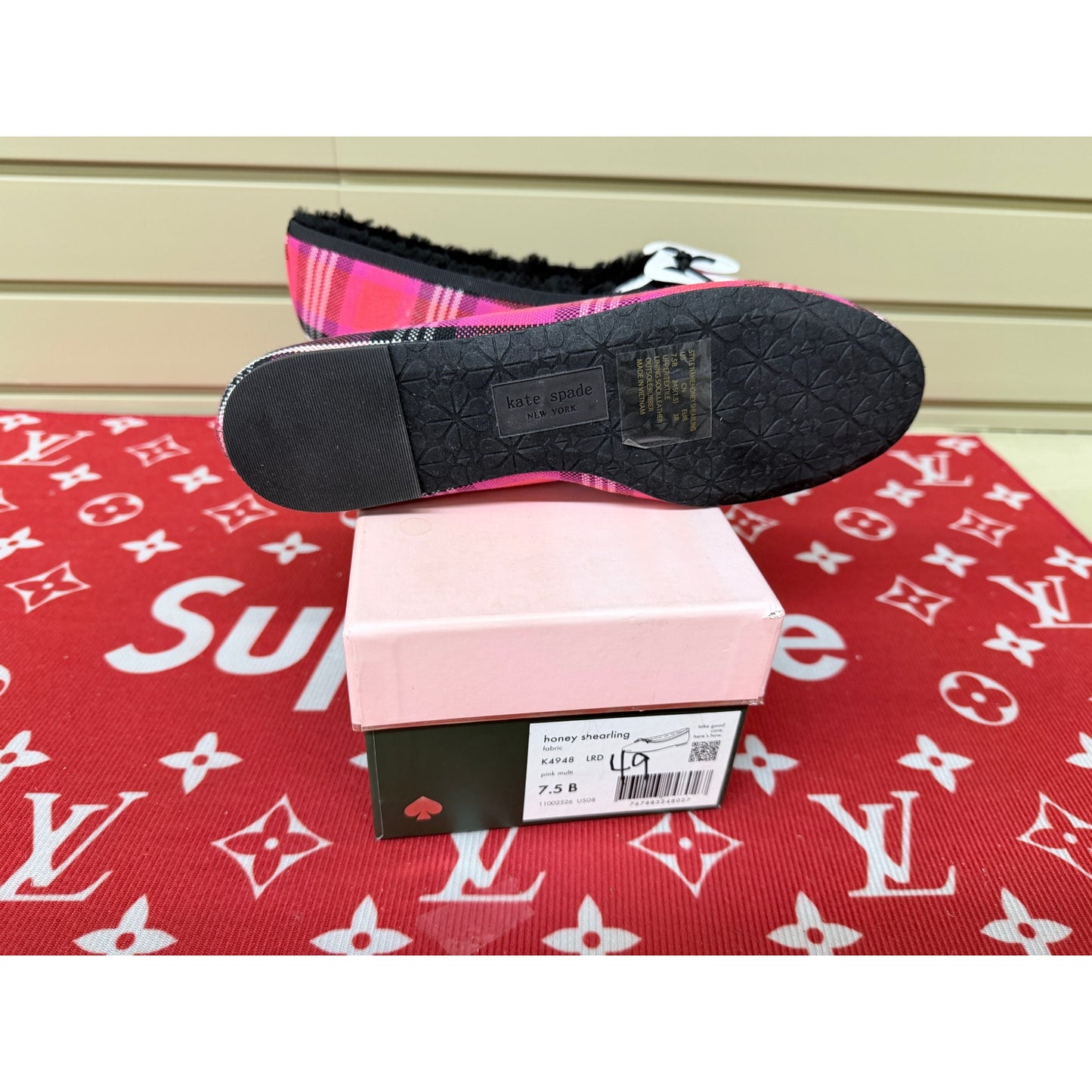 Kate Spade Honey Shearling Ballet Flats Pink Plaid Women’s Size 7.5 New!