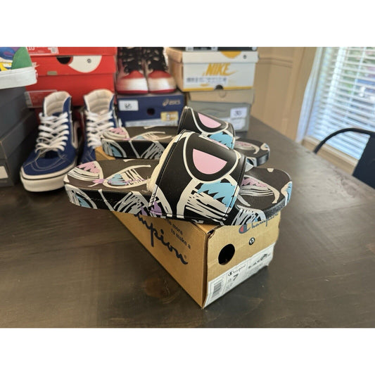 Champion IPO Comic Slides Black Multicolor Size 7 Youth/9 W (GS) Big Kids' NWB!