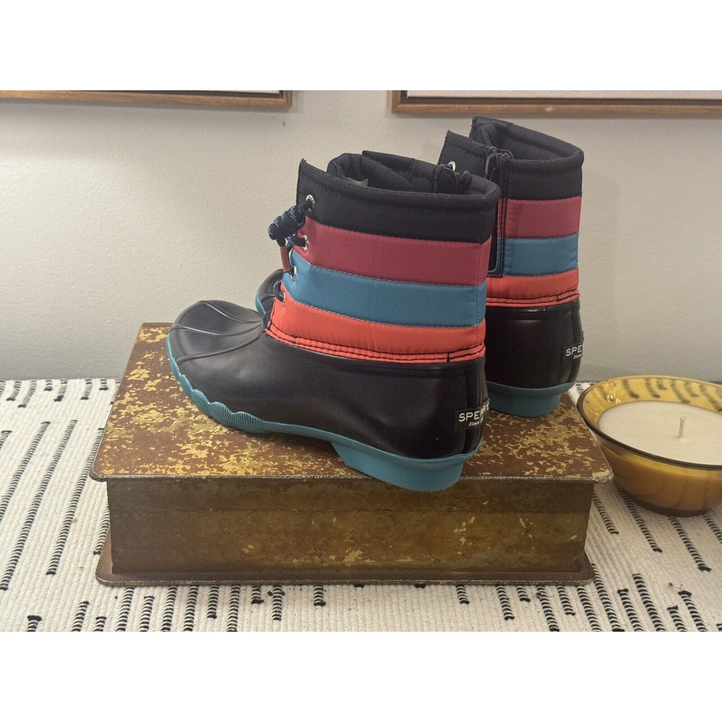 Sperry Saltwater Boot Ankle SZ 5m Pink Blue Coral Duck Waterproof New!