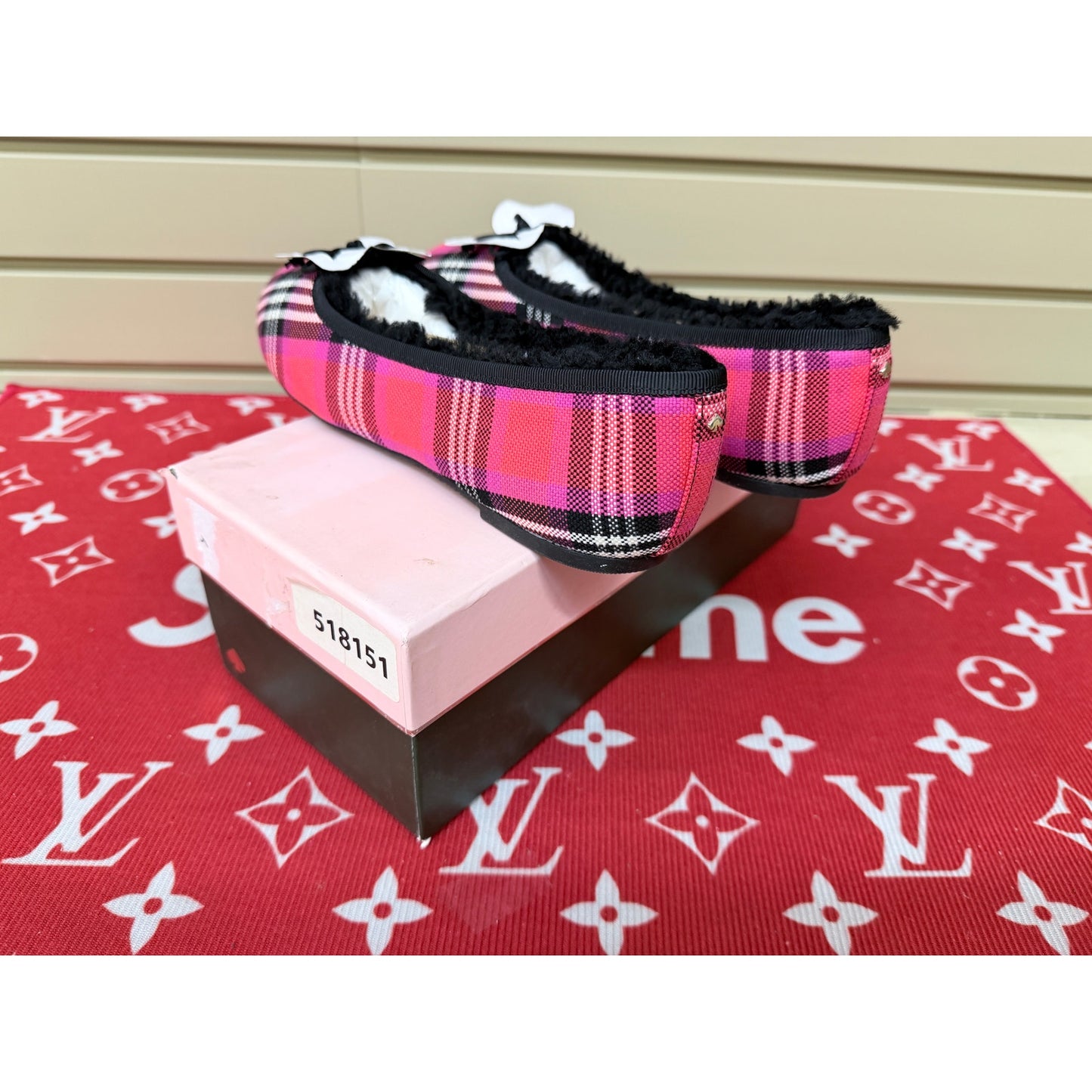 Kate Spade Honey Shearling Ballet Flats Pink Plaid Women’s Size 7.5 New!