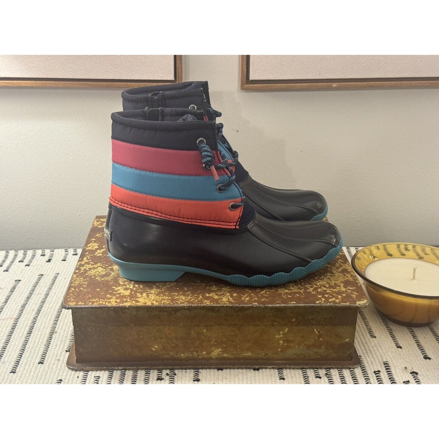 Sperry Saltwater Boot Ankle SZ 5m Pink Blue Coral Duck Waterproof New!