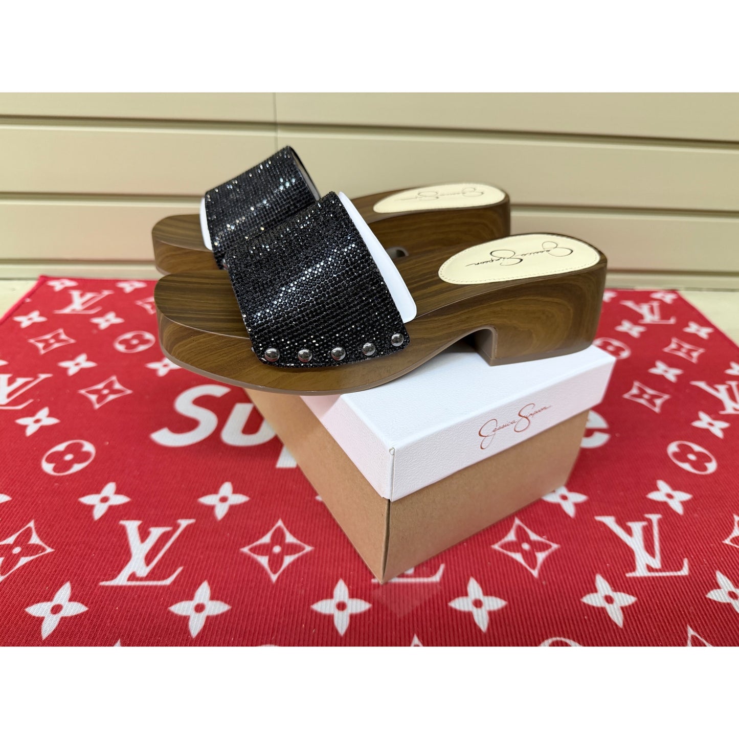 Jessica Simpson Rexile Faux Wood Platform Black Sandals Women’s Size 7.5 New!