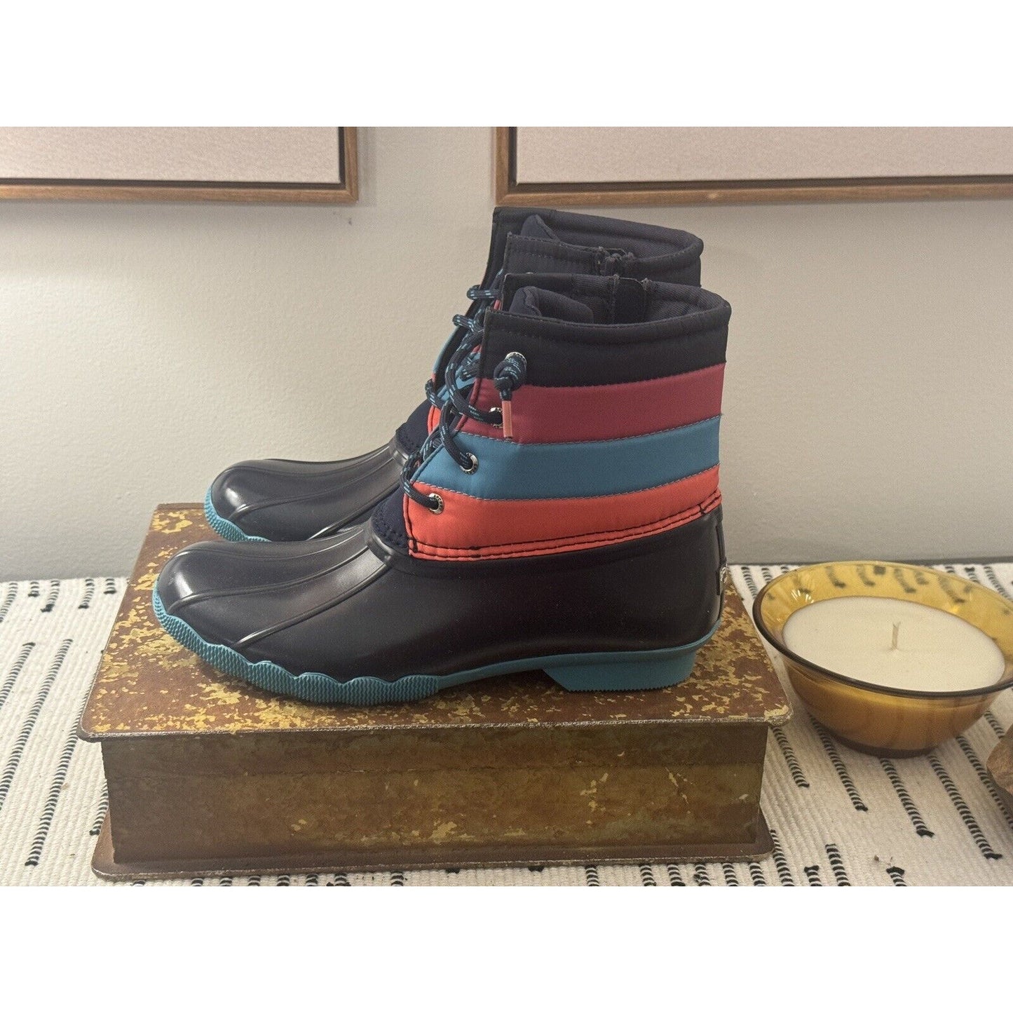 Sperry Saltwater Boot Ankle SZ 5m Pink Blue Coral Duck Waterproof New!