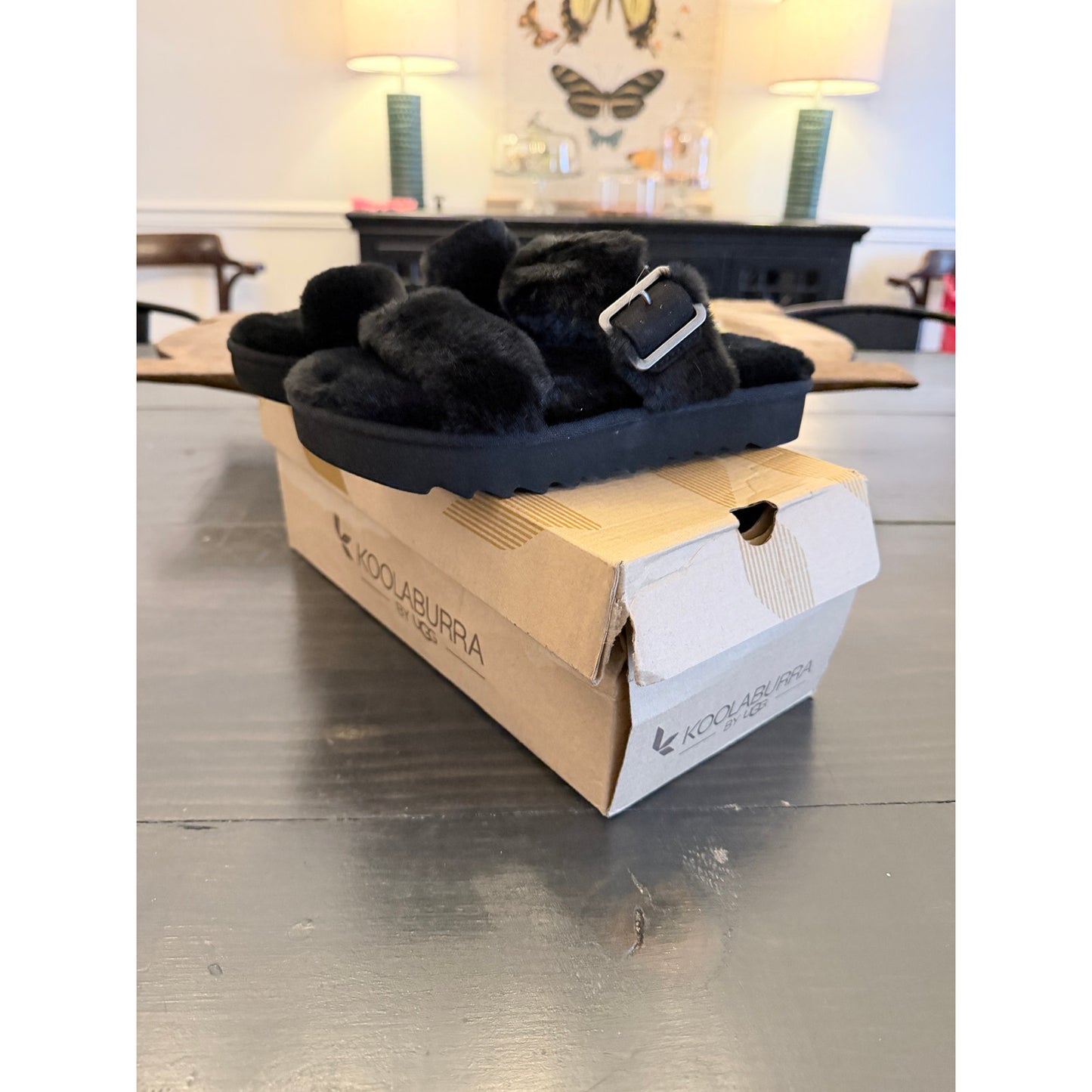 Koolaburra Milo Peep Women’s Size 5 Black Furry Slip On Sandals New!