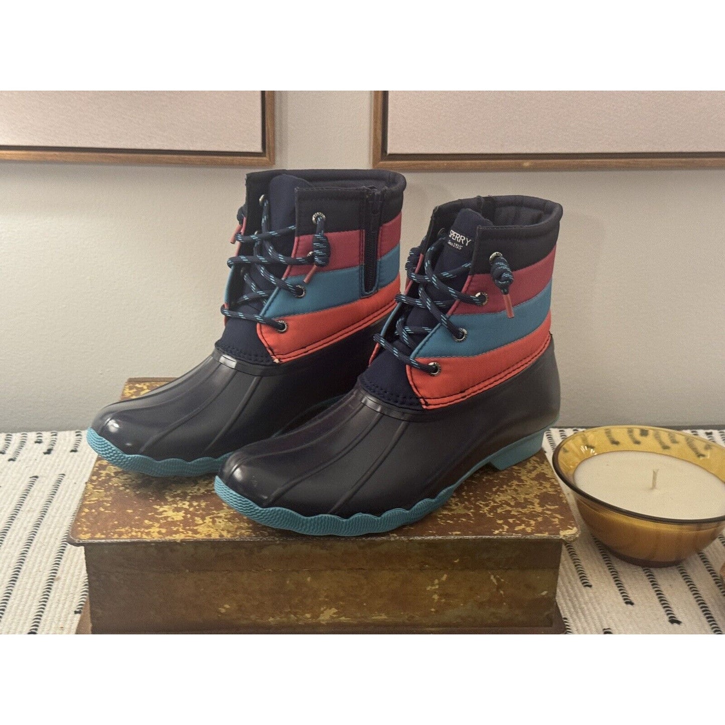 Sperry Saltwater Boot Ankle SZ 5m Pink Blue Coral Duck Waterproof New!