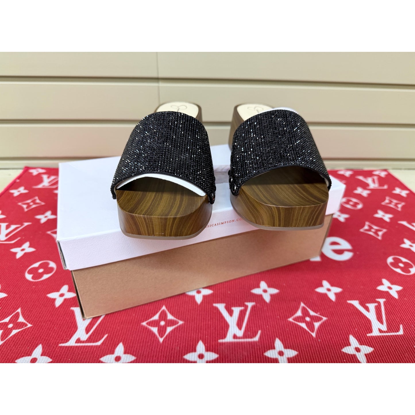 Jessica Simpson Rexile Faux Wood Platform Black Sandals Women’s Size 7.5 New!